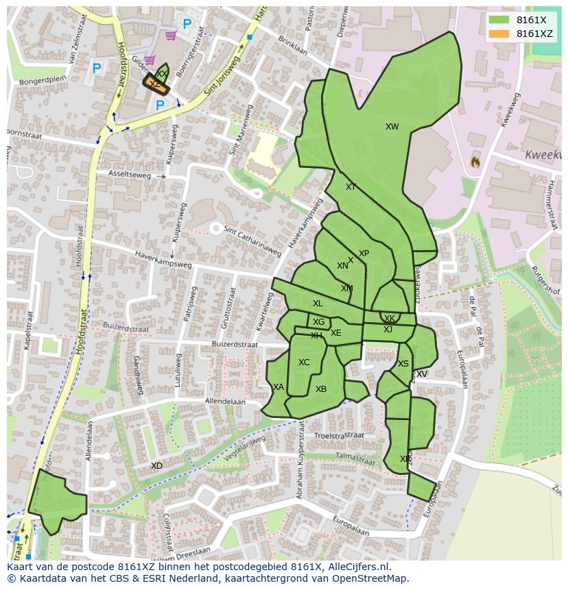 Afbeelding van het postcodegebied 8161 XZ op de kaart.