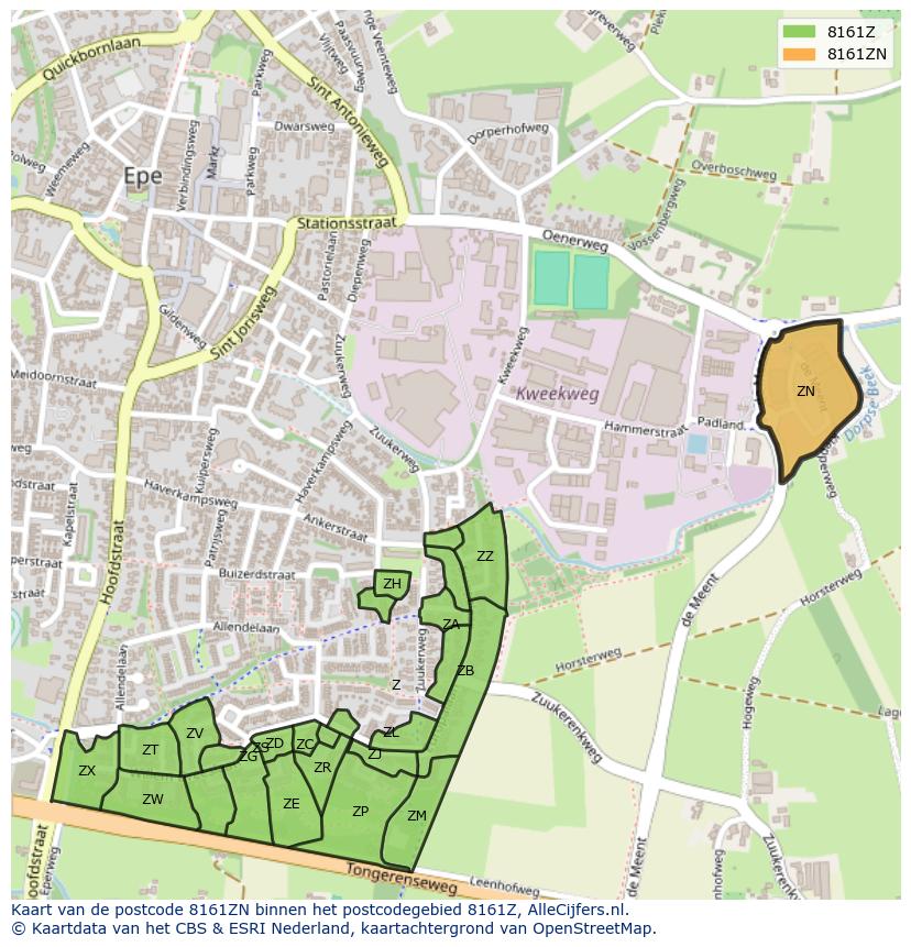 Afbeelding van het postcodegebied 8161 ZN op de kaart.