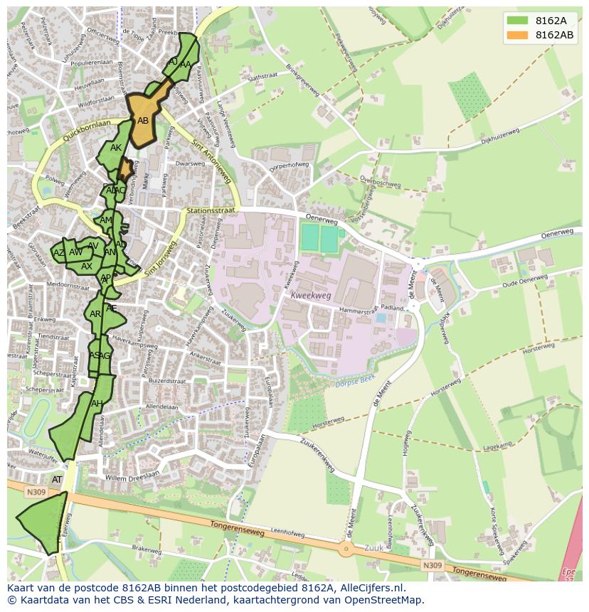 Afbeelding van het postcodegebied 8162 AB op de kaart.
