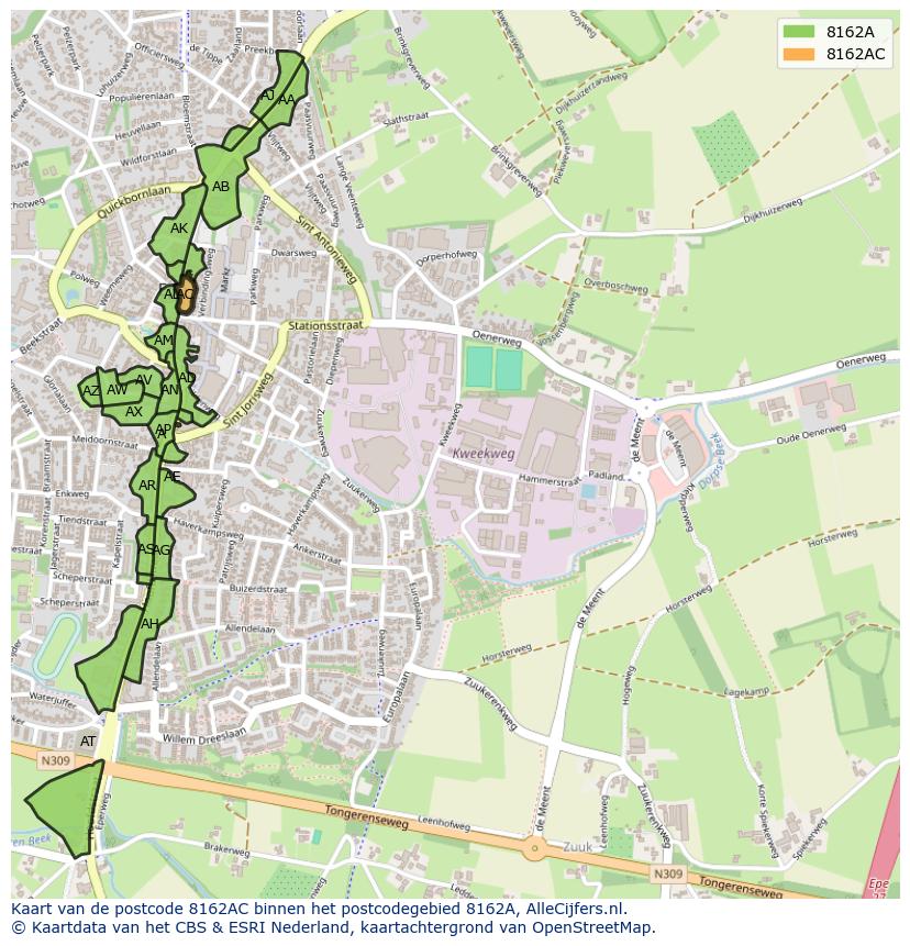 Afbeelding van het postcodegebied 8162 AC op de kaart.