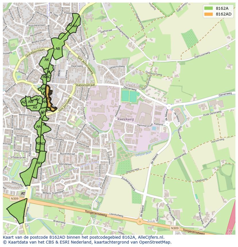 Afbeelding van het postcodegebied 8162 AD op de kaart.