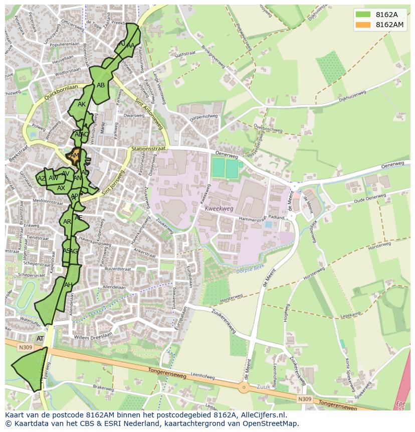 Afbeelding van het postcodegebied 8162 AM op de kaart.