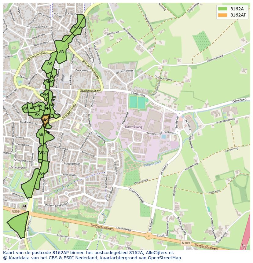 Afbeelding van het postcodegebied 8162 AP op de kaart.