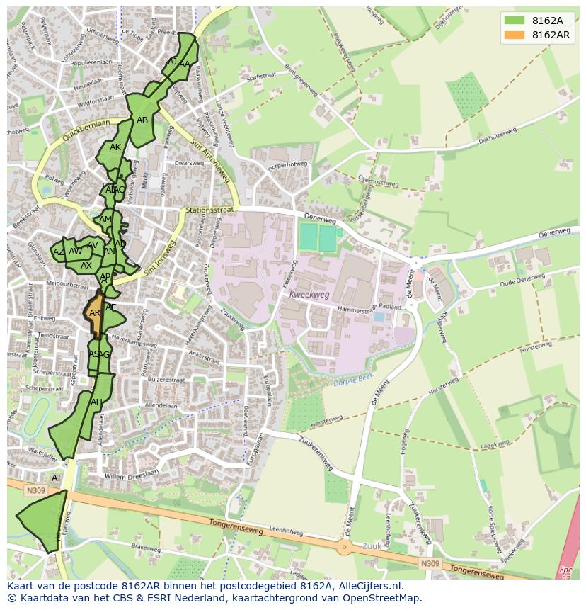 Afbeelding van het postcodegebied 8162 AR op de kaart.