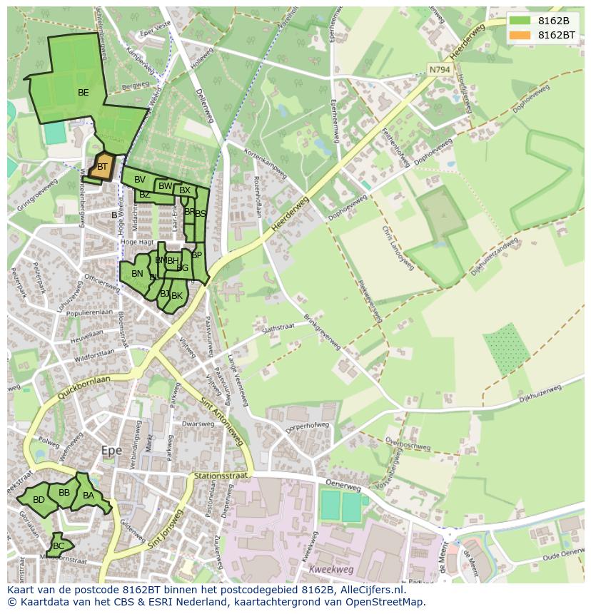 Afbeelding van het postcodegebied 8162 BT op de kaart.