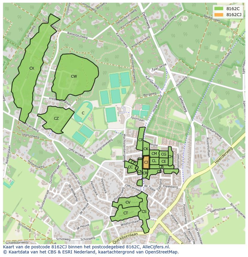 Afbeelding van het postcodegebied 8162 CJ op de kaart.