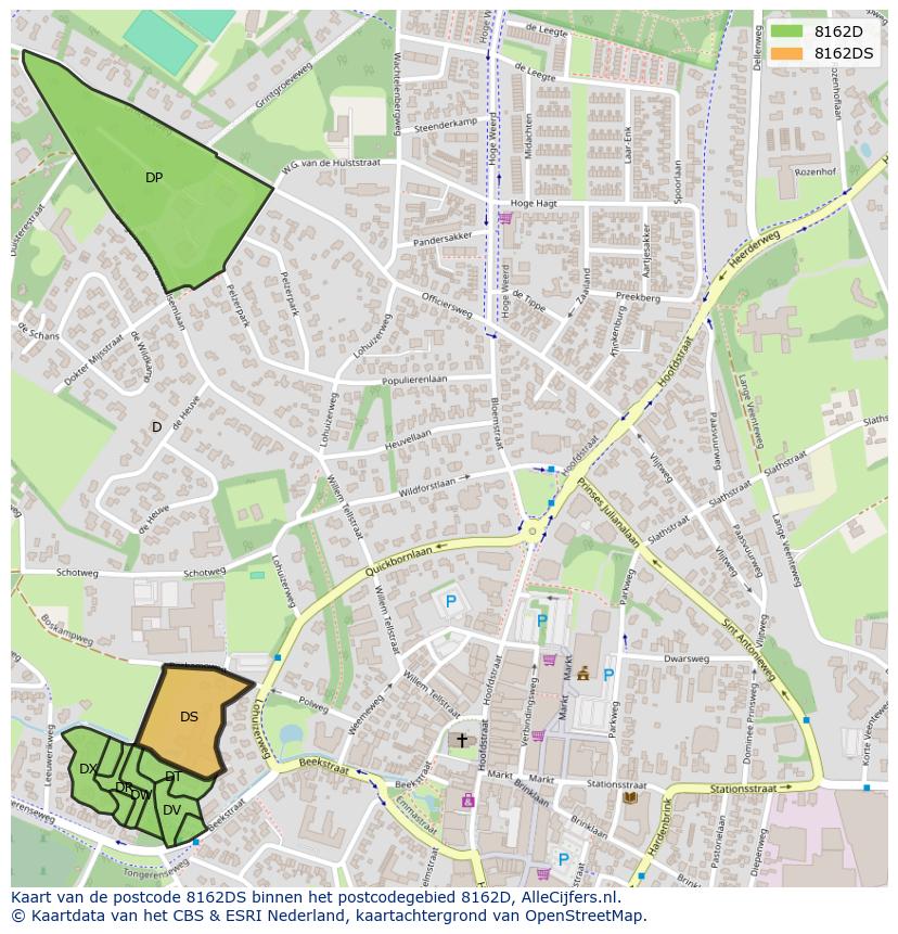 Afbeelding van het postcodegebied 8162 DS op de kaart.