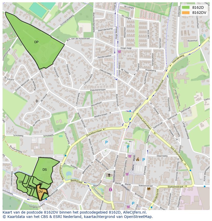 Afbeelding van het postcodegebied 8162 DV op de kaart.