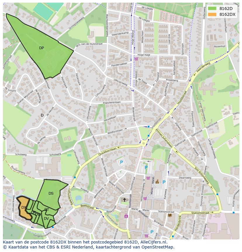 Afbeelding van het postcodegebied 8162 DX op de kaart.