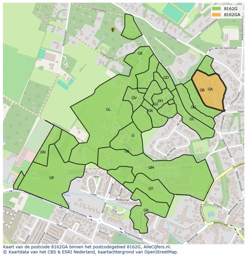 Afbeelding van het postcodegebied 8162 GA op de kaart.