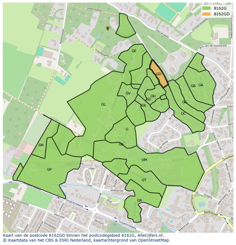 Afbeelding van het postcodegebied 8162 GD op de kaart.