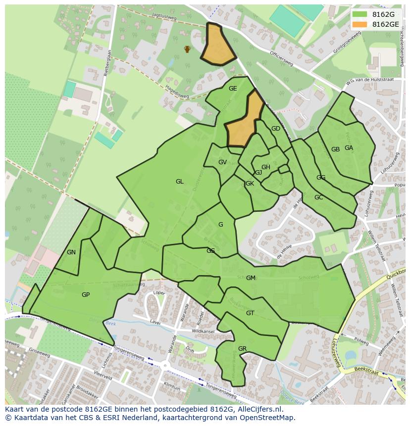 Afbeelding van het postcodegebied 8162 GE op de kaart.