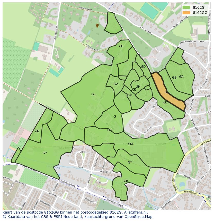 Afbeelding van het postcodegebied 8162 GG op de kaart.