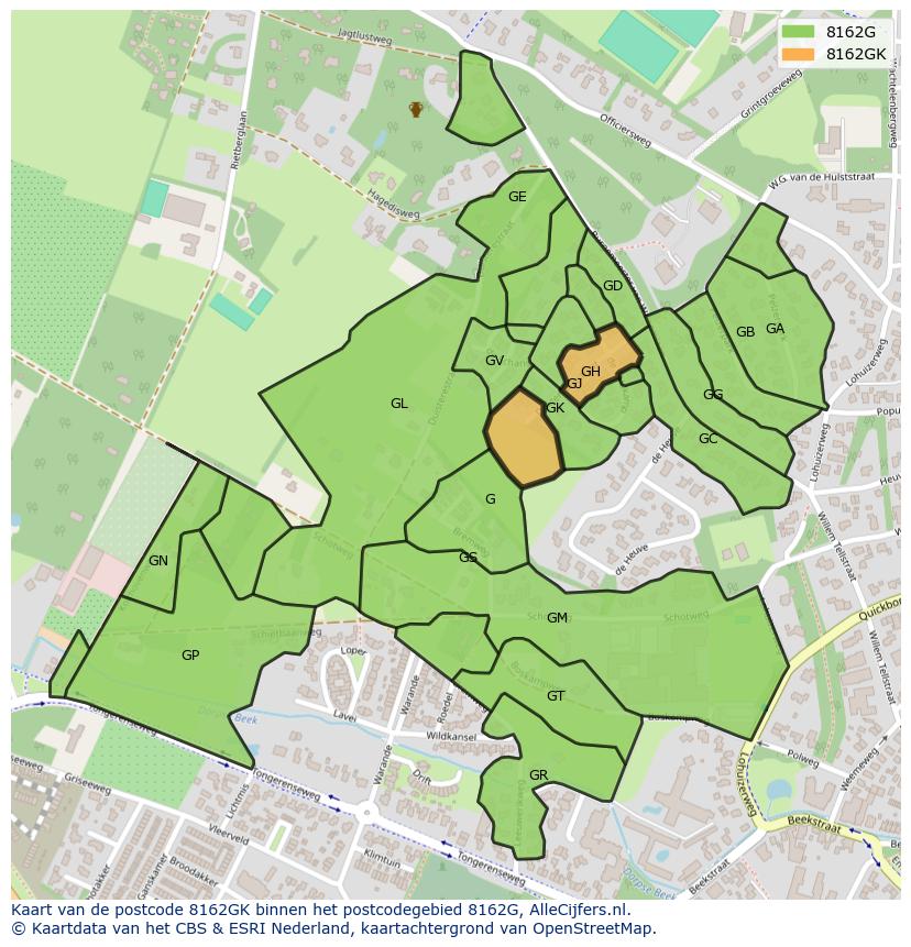 Afbeelding van het postcodegebied 8162 GK op de kaart.