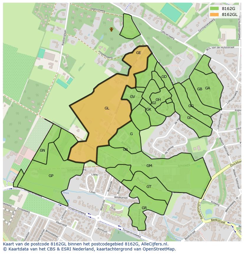 Afbeelding van het postcodegebied 8162 GL op de kaart.