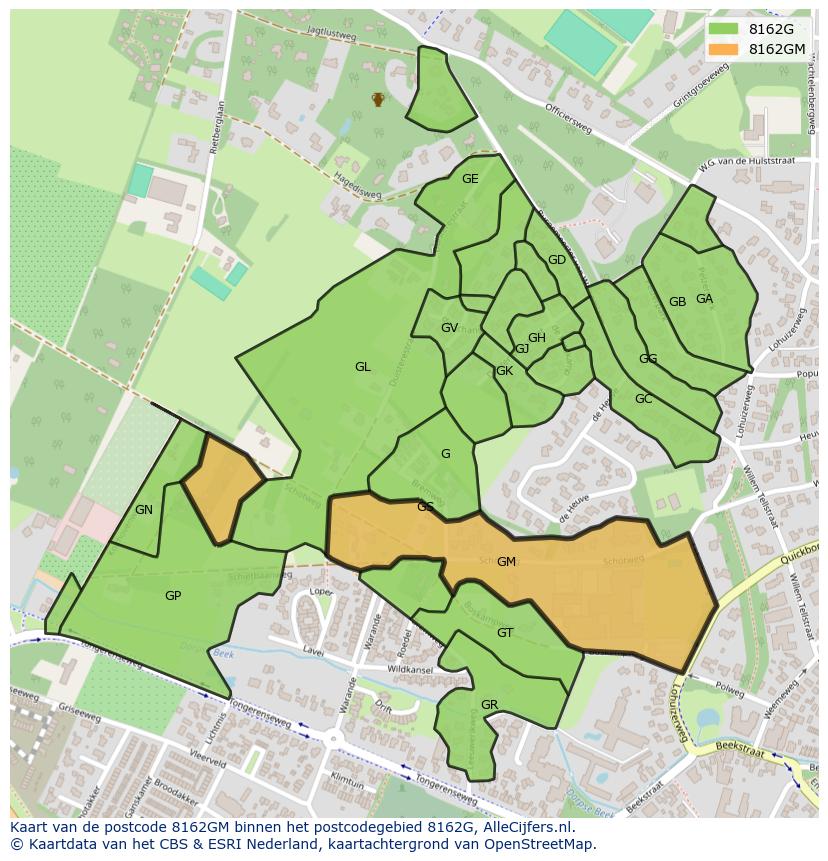 Afbeelding van het postcodegebied 8162 GM op de kaart.