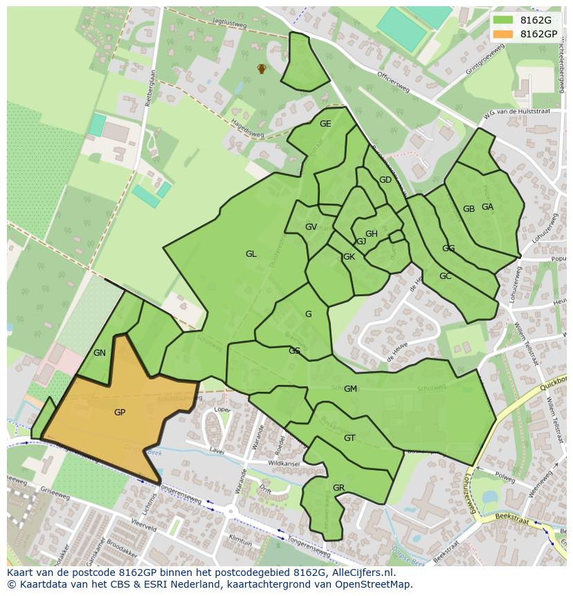 Afbeelding van het postcodegebied 8162 GP op de kaart.