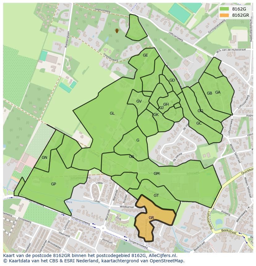 Afbeelding van het postcodegebied 8162 GR op de kaart.