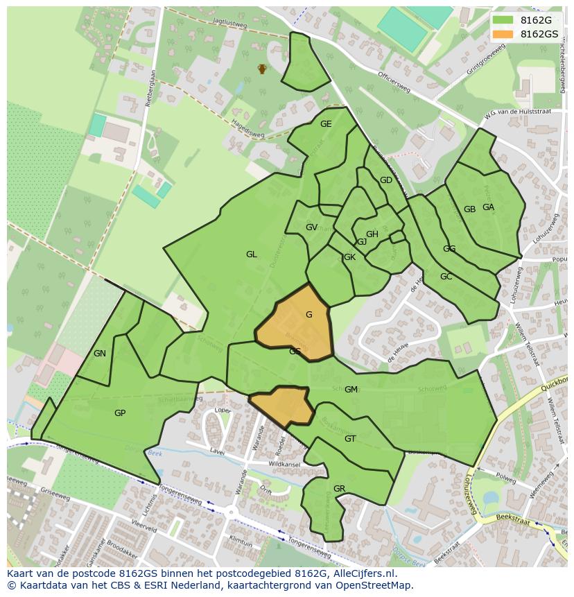 Afbeelding van het postcodegebied 8162 GS op de kaart.