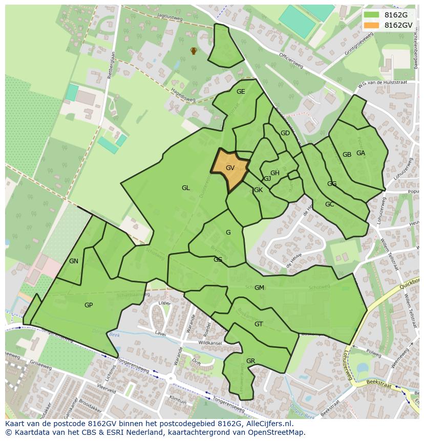 Afbeelding van het postcodegebied 8162 GV op de kaart.