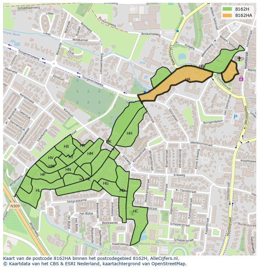 Afbeelding van het postcodegebied 8162 HA op de kaart.