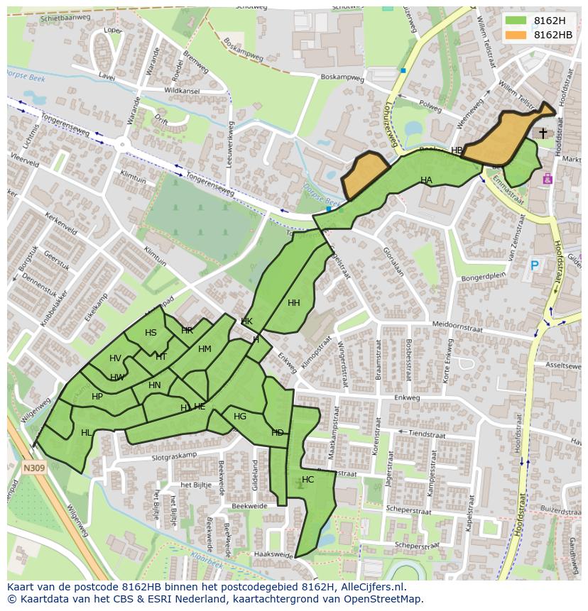 Afbeelding van het postcodegebied 8162 HB op de kaart.
