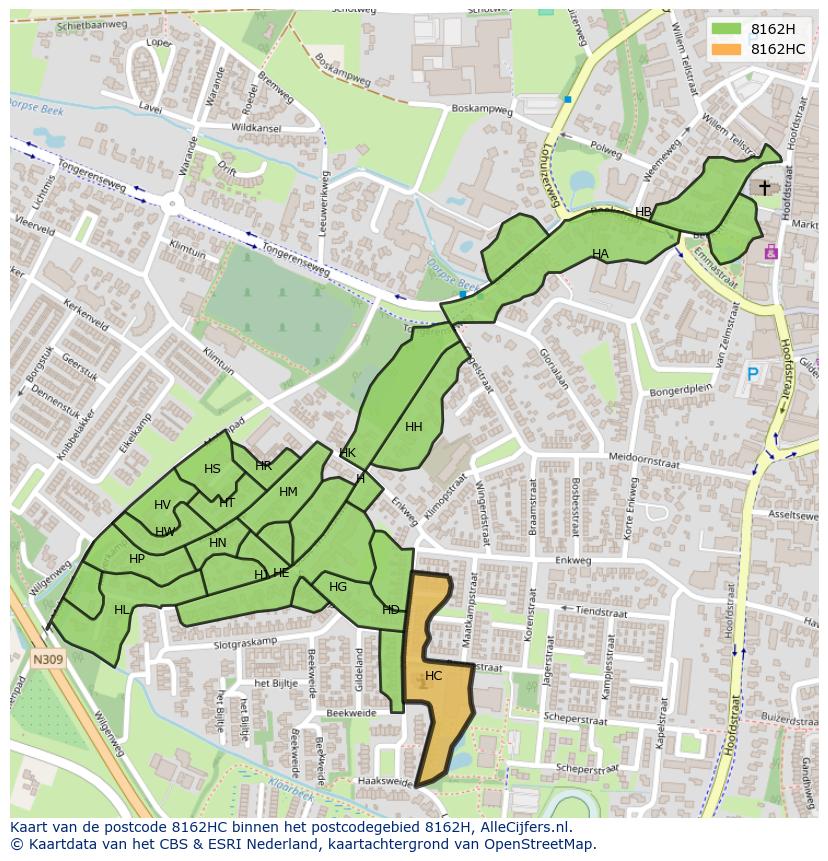 Afbeelding van het postcodegebied 8162 HC op de kaart.