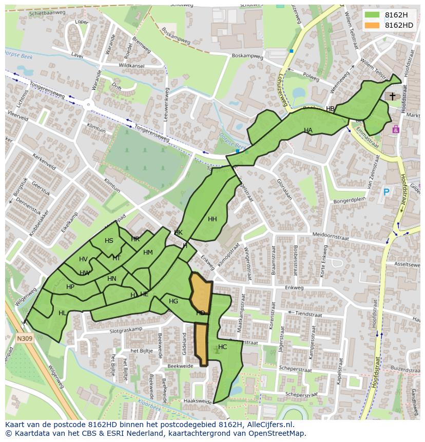 Afbeelding van het postcodegebied 8162 HD op de kaart.