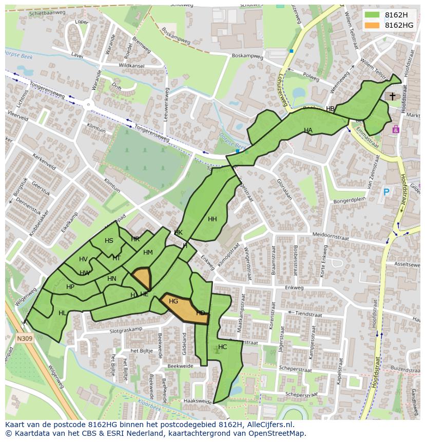 Afbeelding van het postcodegebied 8162 HG op de kaart.