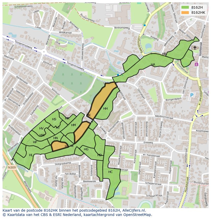 Afbeelding van het postcodegebied 8162 HK op de kaart.