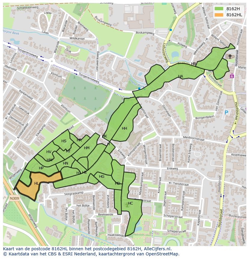 Afbeelding van het postcodegebied 8162 HL op de kaart.