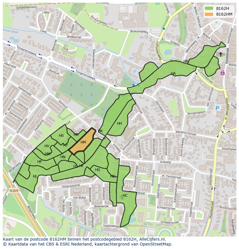 Afbeelding van het postcodegebied 8162 HM op de kaart.