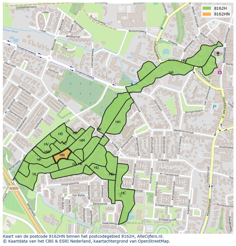 Afbeelding van het postcodegebied 8162 HN op de kaart.