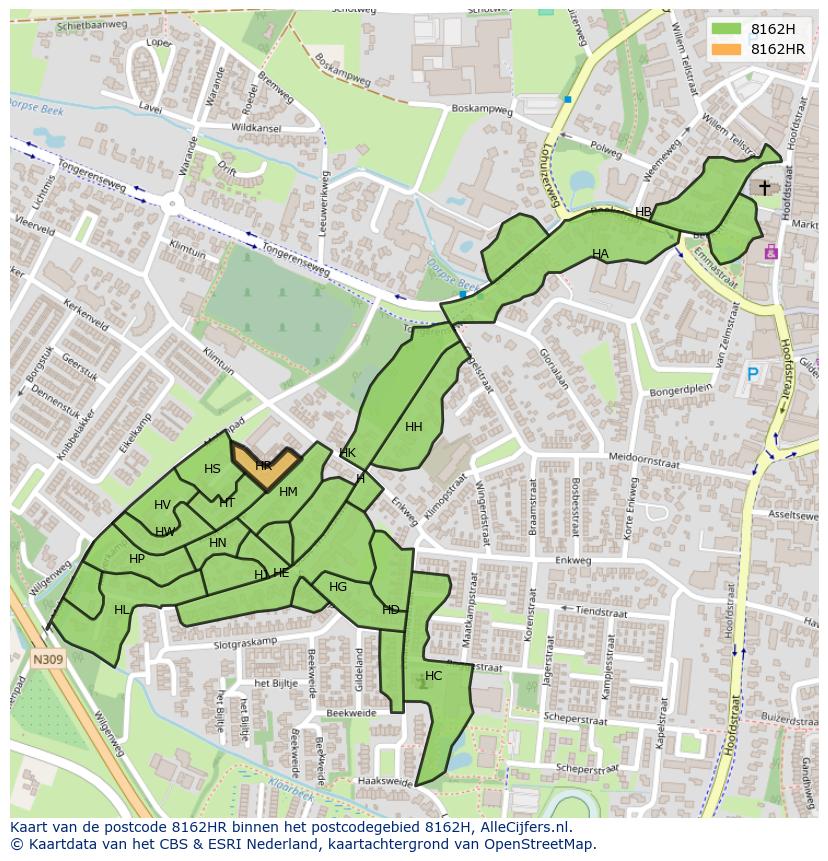 Afbeelding van het postcodegebied 8162 HR op de kaart.