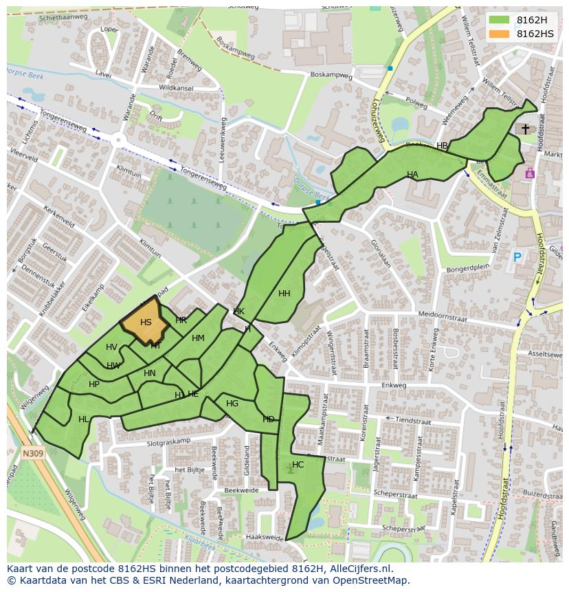 Afbeelding van het postcodegebied 8162 HS op de kaart.