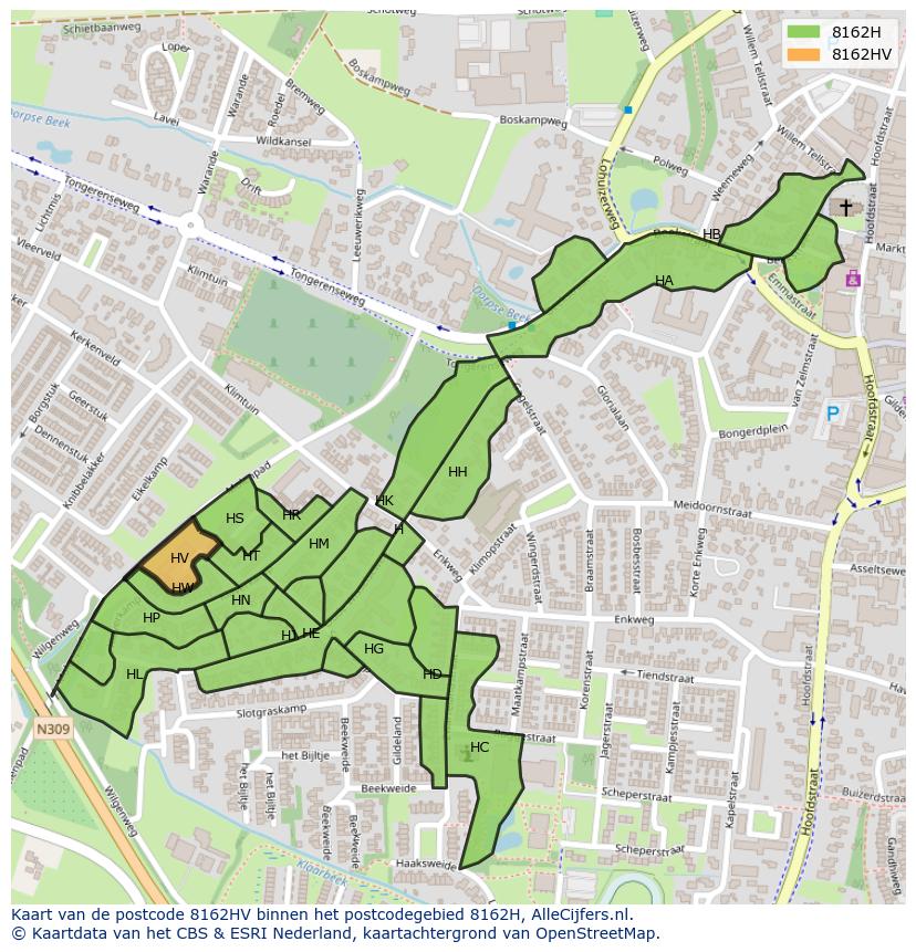 Afbeelding van het postcodegebied 8162 HV op de kaart.