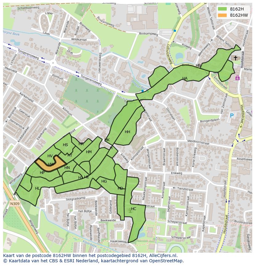 Afbeelding van het postcodegebied 8162 HW op de kaart.