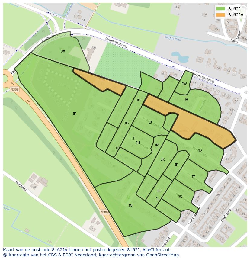 Afbeelding van het postcodegebied 8162 JA op de kaart.