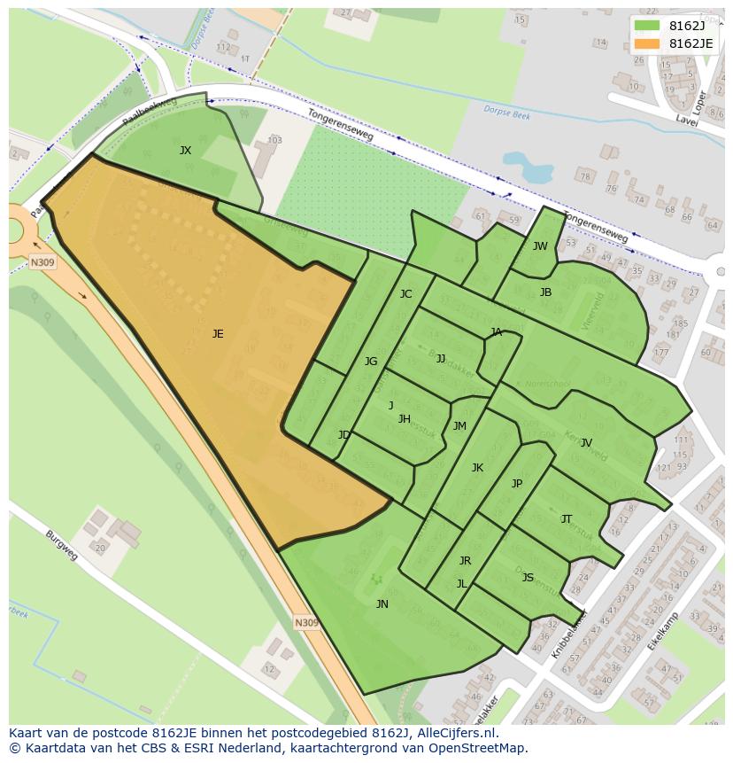 Afbeelding van het postcodegebied 8162 JE op de kaart.