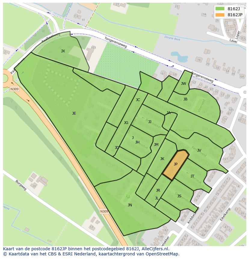 Afbeelding van het postcodegebied 8162 JP op de kaart.