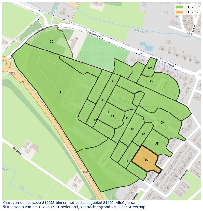 Afbeelding van het postcodegebied 8162 JS op de kaart.