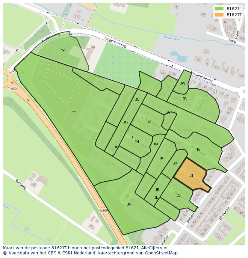 Afbeelding van het postcodegebied 8162 JT op de kaart.