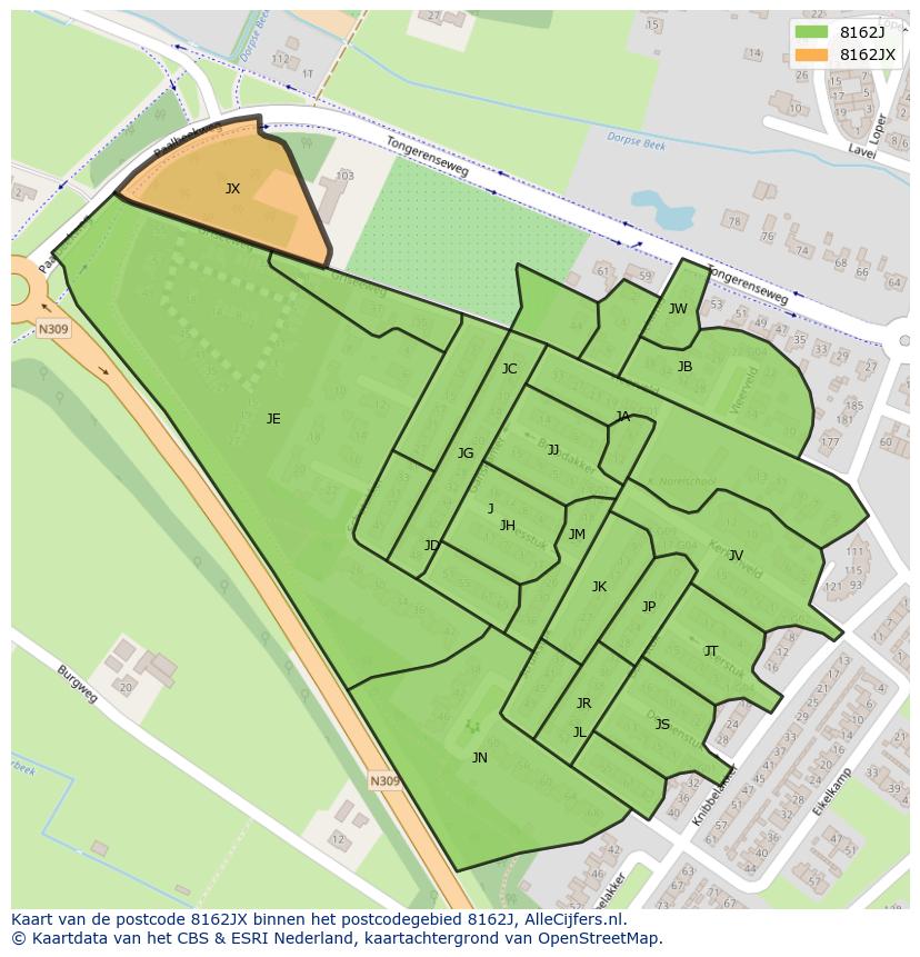 Afbeelding van het postcodegebied 8162 JX op de kaart.