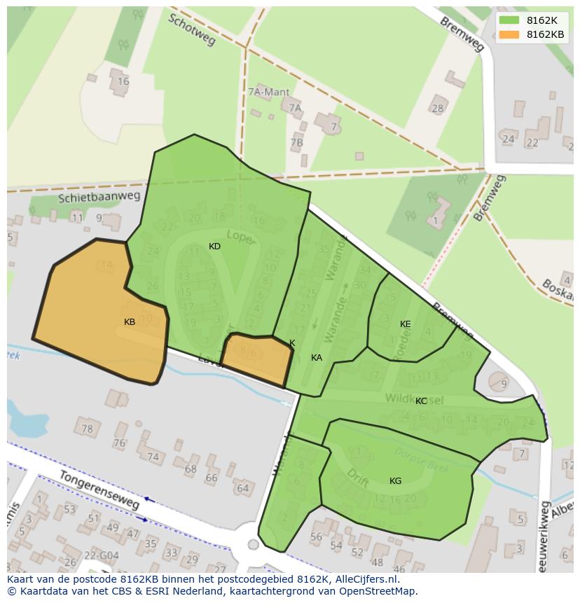 Afbeelding van het postcodegebied 8162 KB op de kaart.