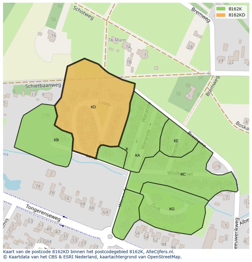 Afbeelding van het postcodegebied 8162 KD op de kaart.