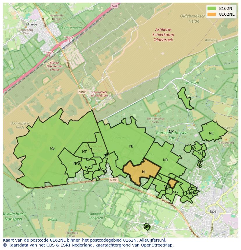 Afbeelding van het postcodegebied 8162 NL op de kaart.