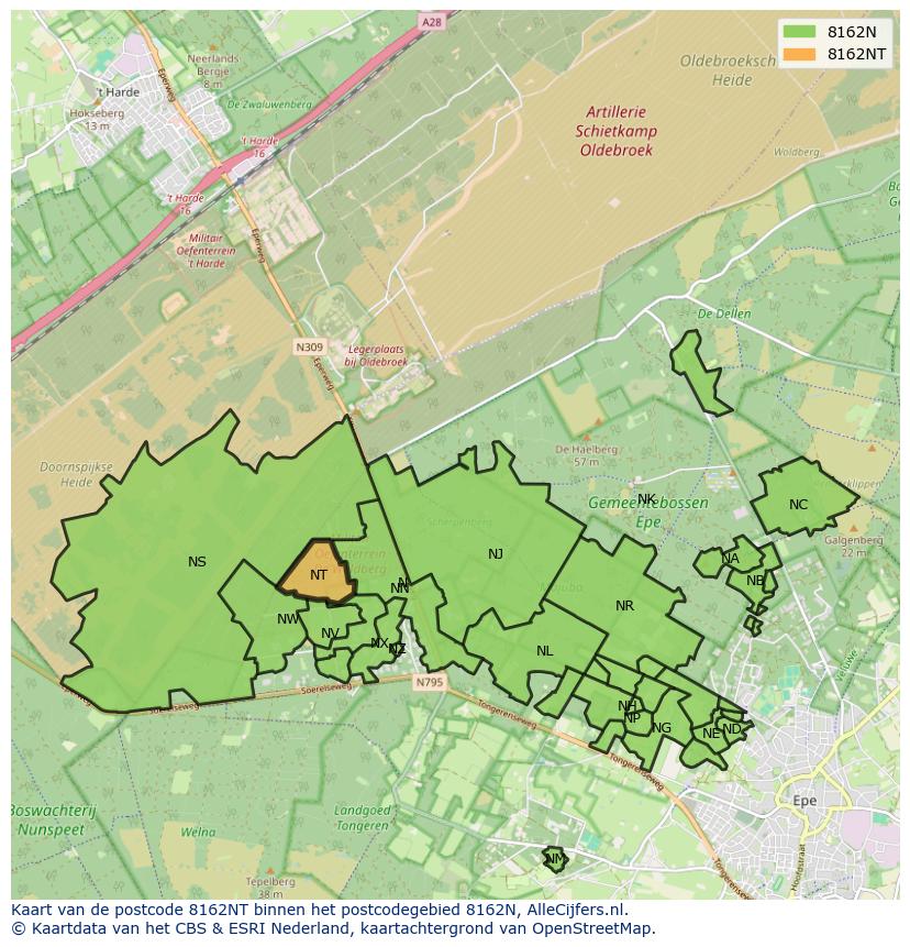 Afbeelding van het postcodegebied 8162 NT op de kaart.