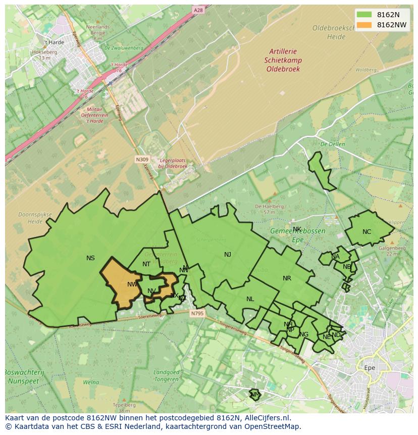 Afbeelding van het postcodegebied 8162 NW op de kaart.