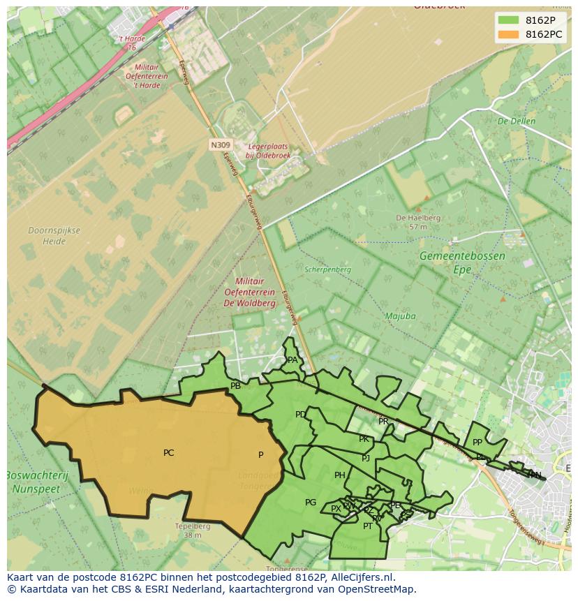Afbeelding van het postcodegebied 8162 PC op de kaart.