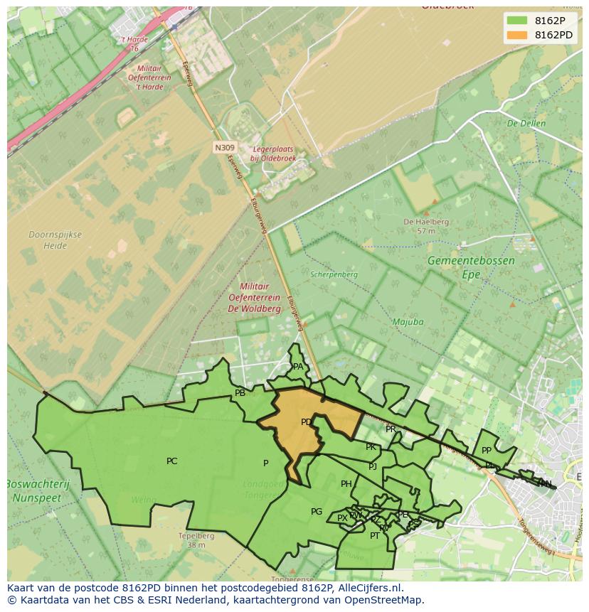 Afbeelding van het postcodegebied 8162 PD op de kaart.